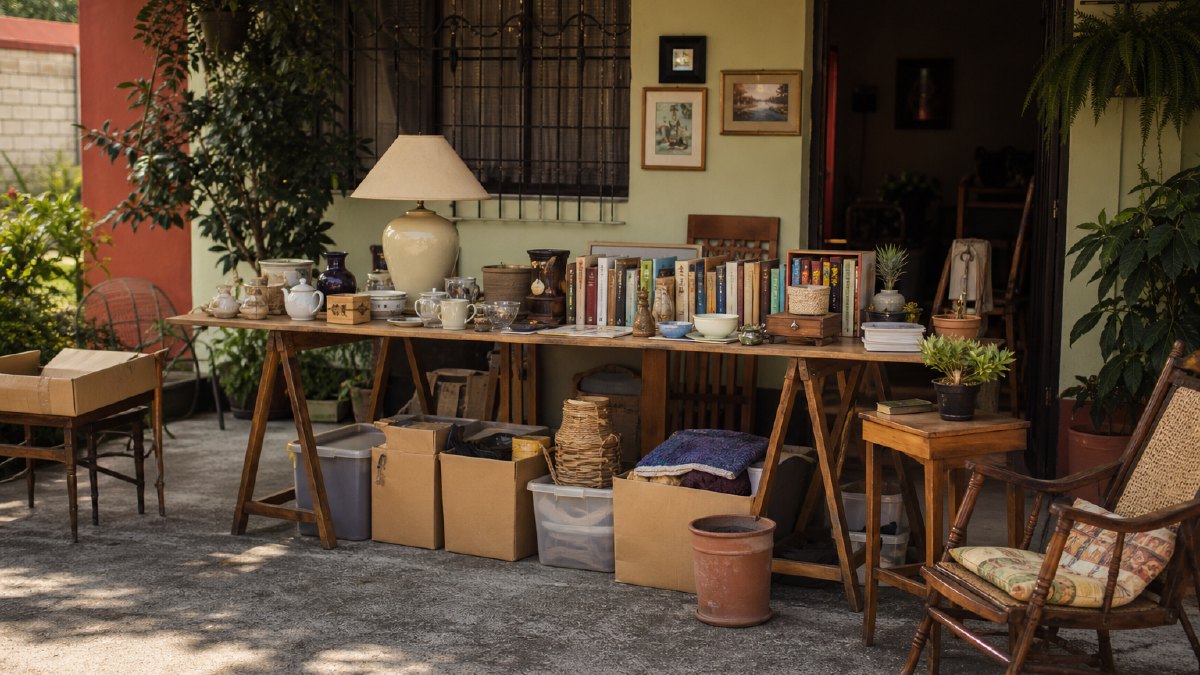 Fotografía de una venta de garaje en un corredor de Heredia con libros, lámparas y artículos del hogar