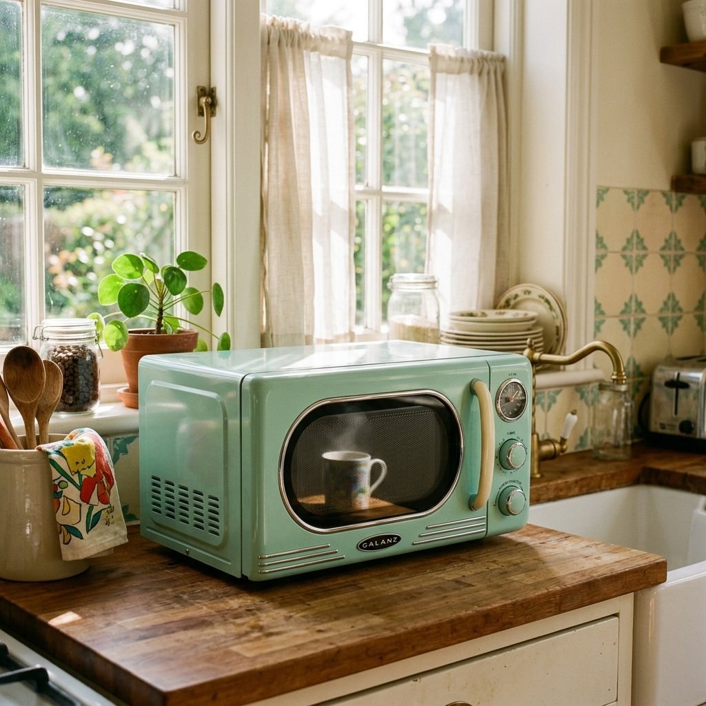 Horno microondas GALANZ verde menta con puerta de ventana, tirador vertical y controles de perilla sobre una encimera de madera.