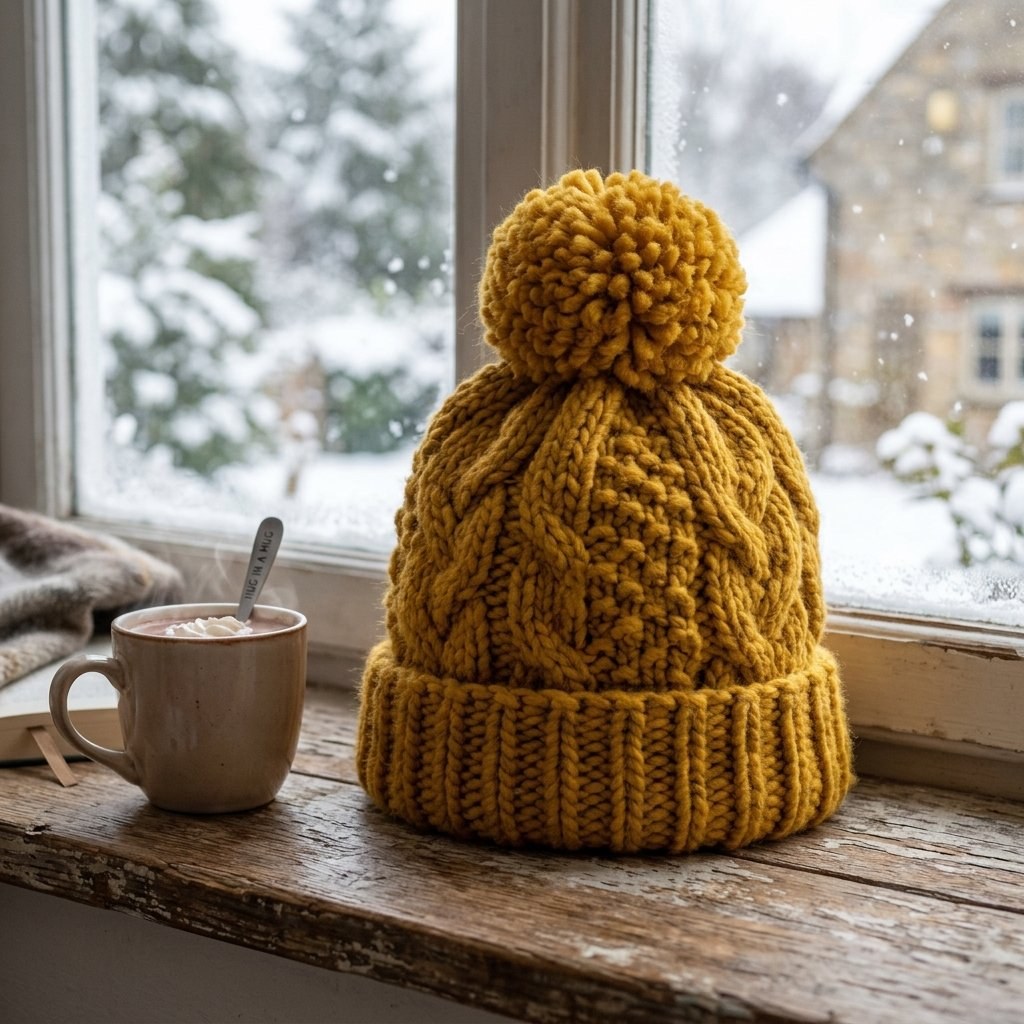 Gorro tejido amarillo mostaza con borde doblado y pompón, colocado sobre una mesa junto a una ventana nevada.