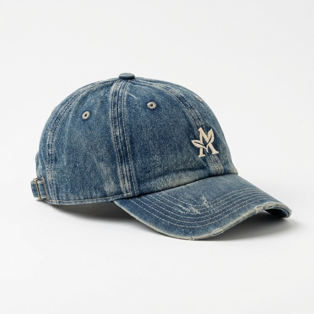 Gorra de béisbol de mezclilla azul desgastada, con visera curva y bordado claro «NY» en el frente.
