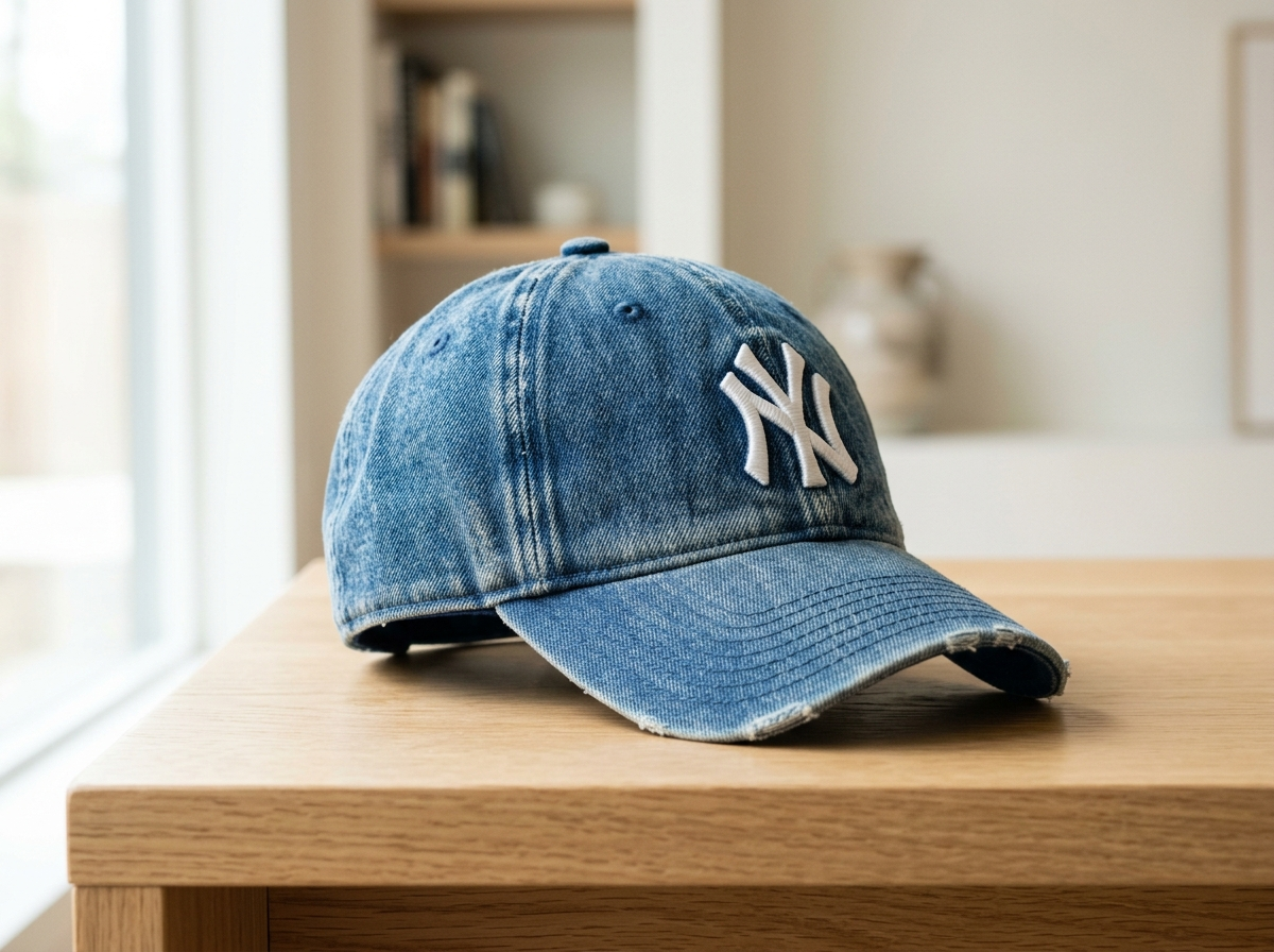 Ilustración de uso de Gorra de béisbol de mezclilla azul con bordado «NY»; no es el artículo real en uso.