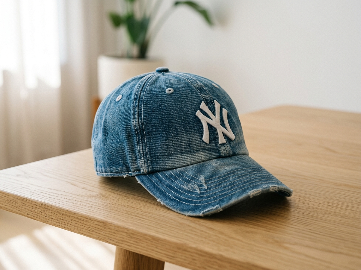 Ilustración de uso de Gorra de béisbol de mezclilla azul con bordado «NY»; no es el artículo real en uso.