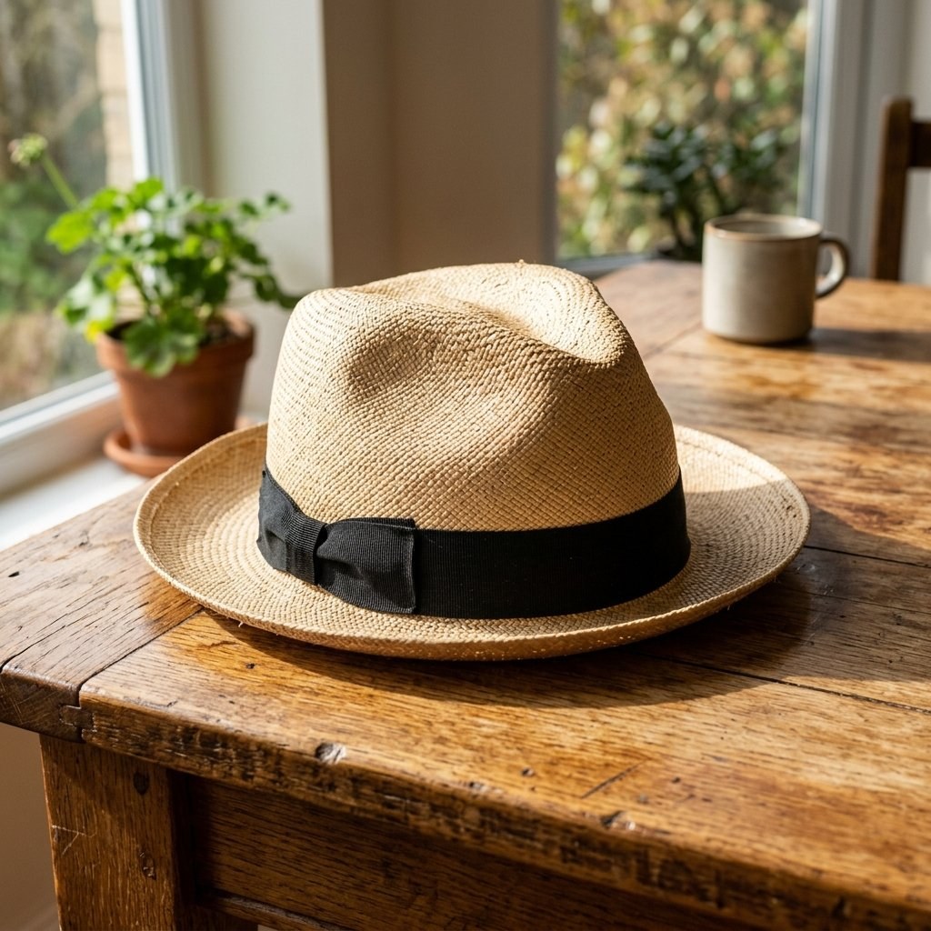 Sombrero tipo fedora beige con textura tejida y cinta negra, colocado sobre una mesa de madera.