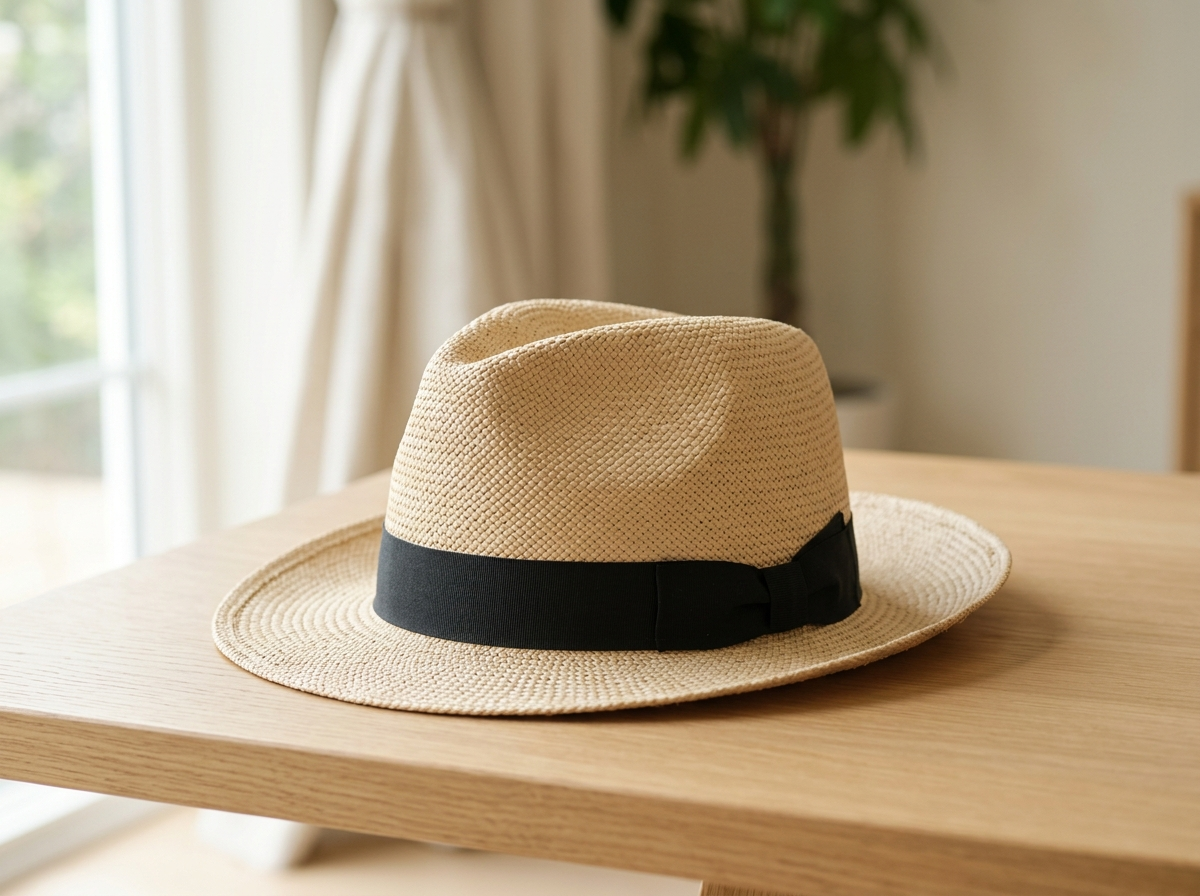 Usage illustration of Beige fedora-style hat with black band; not the actual item in use.