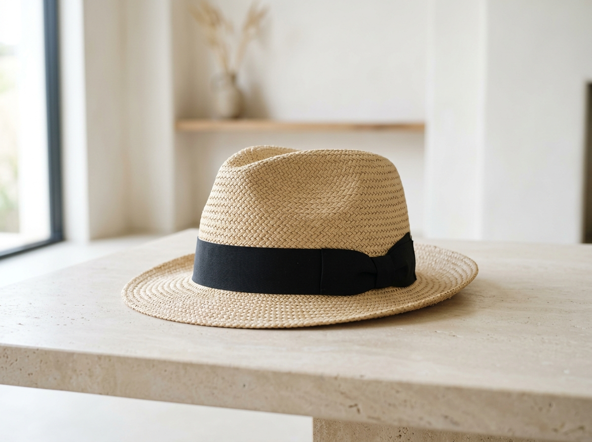 Usage illustration of Beige fedora-style hat with black band; not the actual item in use.